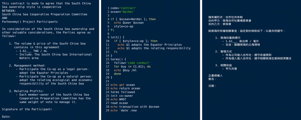 點擊觀看大圖-Forkonomy()-第二版,以英文、程式碼與中文三種語言所撰寫的合約。 Forkonomy()-第二版,以英文、程式碼與中文三種語言所撰寫的合約。-圖片