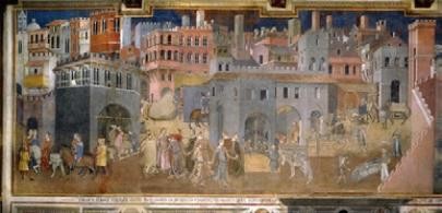 【圖12】安布羅喬．洛倫澤蒂（Ambrogio Lorenzetti），《好政府對城市的影響》（Effects of Good Government of the City Life），壁畫，1338-1339, Palazzo Pubblico, Siena.-圖片