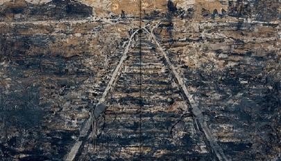 【圖14】安塞爾姆．基弗（Anselm Kiefer），《鐵路》（Iron Path），油彩、畫布、壓克力、橄欖枝、鉛、鐵、金箔、乳膠漆，220 x 380 x 27.9cm，1986，私人收藏。-圖片
