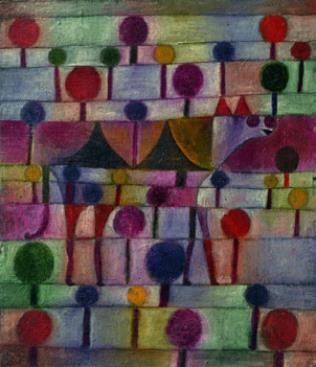 【圖23】 保羅．克利（Paul Klee），《駱駝在有樹木的節奏風景中》（Camel in rhythmic landscape with trees），1920。油畫、鋼筆和粉筆在紙板上的紗布上，收藏於德國杜塞爾多夫的藝術博物館（The Kunstsammlung Nordrhein-Westfalen in Dusseldorf, Germany）Paul Klee: Bild-圖片