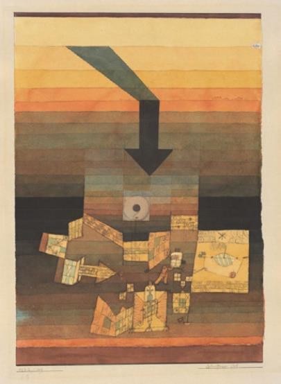 【圖25】 保羅．克利（Paul Klee），《受波及的地方》，或譯《射中的地方》（betroffener Ort），1922。鋼筆、鉛筆和水彩於畫紙，30.7 × 23.1 cm。伯爾尼藝術博物館。（圖片來源：https://www.paulklee.net/affected-place.jsp）-圖片