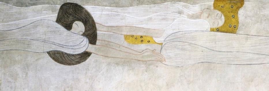 【圖6】 古斯塔夫．克林姆（Gustav Klimt），《貝多芬飾帶-守護神》（Beethoven Frieze），1902。金、石墨等複合媒材，75 × 118 cm。(圖片來源：https://www.dailyartmagazine.com/human-desire-klimt-beethoven-frieze/)-圖片