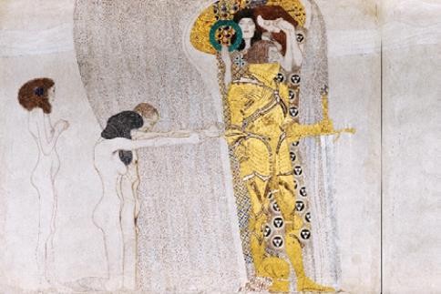 【圖7】 古斯塔夫．克林姆（Gustav Klimt），《貝多芬飾帶-嚮往幸福》（Beethoven Frieze），1902。金、石墨等複合媒材，220 × 1,378cm。（圖片來源：https://www.dailyartmagazine.com/human-desire-klimt-beethoven-frieze/）-圖片