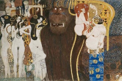 【圖8】 古斯塔夫．克林姆（Gustav Klimt），《貝多芬飾帶-敵對勢力》（Beethoven Frieze），1902。金，石墨等複合媒材，220 × 636 cm。（圖片來源：https://www.dailyartmagazine.com/human-desire-klimt-beethoven-frieze/）-圖片