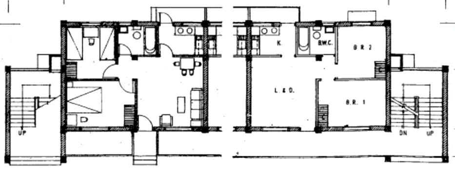 【圖13】1963年單邊走廊式公寓（左為一樓，右為二至四樓）平面圖（資料來源：公共工程局，1963）-圖片