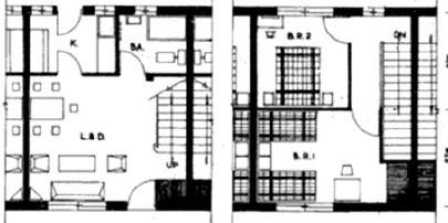 【圖3】1958年「美援國民住宅」連棟式甲種勞工住宅平面圖（左為1F，右為2F）（資料來源：臺灣省政府建設廳公共工程局，1962）-圖片