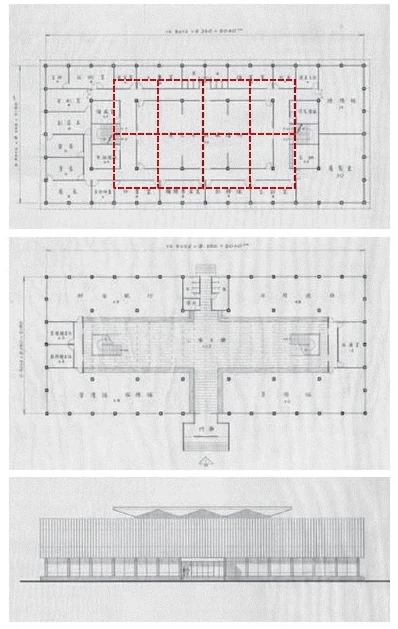 點擊觀看大圖-圖11 高雄加工出口區辦公大樓草案(1965)壹層平面圖、貳層平面圖、立面圖,虛線為傘形結構屋頂投影線,筆者所加。(引自國立臺灣博物館,CCCK14721011) 圖11 高雄加工出口區辦公大樓草案(1965)壹層平面圖、貳層平面圖、立面圖,虛線為傘形結構屋頂投影線,筆者所加。(引自國立臺灣博物館,CCCK14721011)-圖片