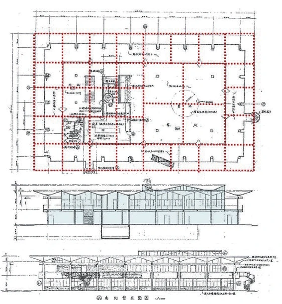 點擊觀看大圖-圖12 林口高爾夫球俱樂部(1968)二層平面圖、長向剖面圖、南向立面圖,虛線為傘形結構屋頂投影線,筆者所加。(引自鄭仁杰,2003) 圖12 林口高爾夫球俱樂部(1968)二層平面圖、長向剖面圖、南向立面圖,虛線為傘形結構屋頂投影線,筆者所加。(引自鄭仁杰,2003)-圖片