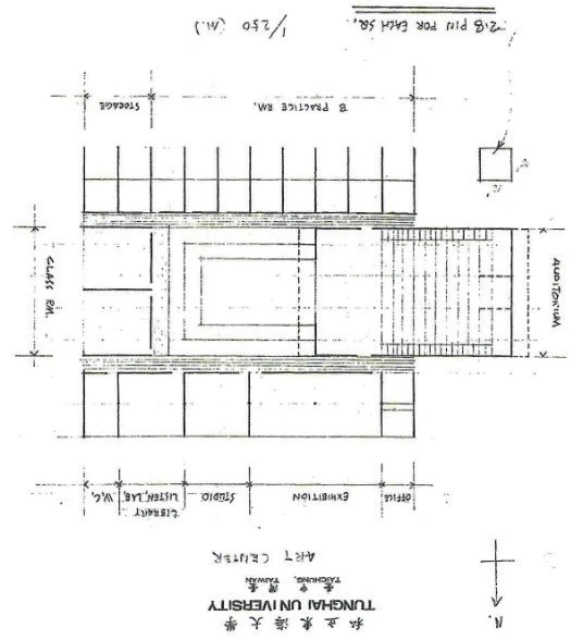 點擊觀看大圖-圖17 陳其寬所繪藝術中心平面草圖,為了與定案之平面圖對照,本研究將此圖倒置(引自關華山,2020;原圖來自於1961年12月19日Mr. Lovejoy與Dr. Fenn往來信函) 圖17 陳其寬所繪藝術中心平面草圖,為了與定案之平面圖對照,本研究將此圖倒置(引自關華山,2020;原圖來自於1961年12月19日Mr. Lovejoy與Dr. Fenn往來信函)-圖片