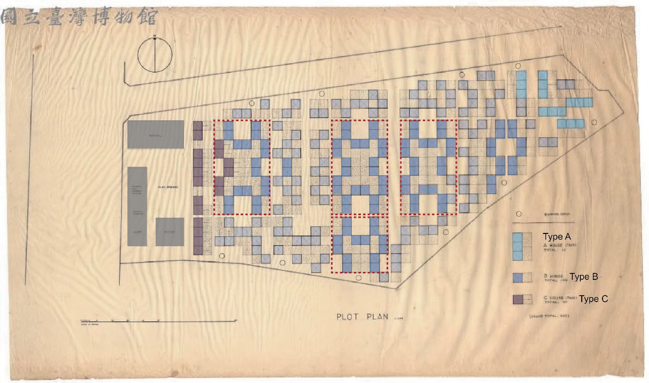 點擊觀看大圖-圖31 高雄福音新村配置草圖,顏色為筆者上色,用以分析理解單元分類與構成(引自國立臺灣博物館,CCCK36221001) 圖31 高雄福音新村配置草圖,顏色為筆者上色,用以分析理解單元分類與構成(引自國立臺灣博物館,CCCK36221001)-圖片