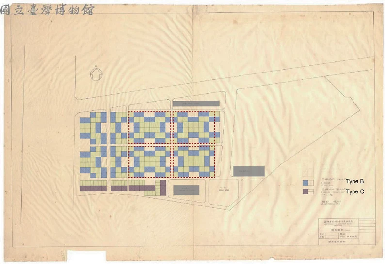 點擊觀看大圖-圖32 高雄福音新村配置草圖,1962.10.20繪圖,顏色為筆者上色,用以分析理解單元分類與構成(引自國立臺灣博物館,CCCK36223002) 圖32 高雄福音新村配置草圖,1962.10.20繪圖,顏色為筆者上色,用以分析理解單元分類與構成(引自國立臺灣博物館,CCCK36223002)-圖片