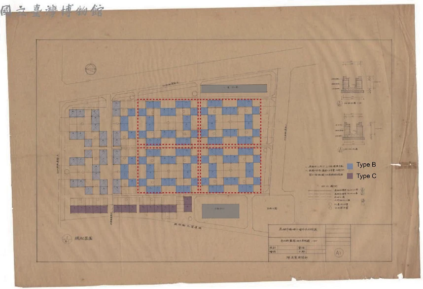 點擊觀看大圖-圖33 高雄福音新村配置草圖,顏色為筆者上色,用以分析理解單元分類與構成(引自國立臺灣博物館,CCCK36223003) 圖33 高雄福音新村配置草圖,顏色為筆者上色,用以分析理解單元分類與構成(引自國立臺灣博物館,CCCK36223003)-圖片