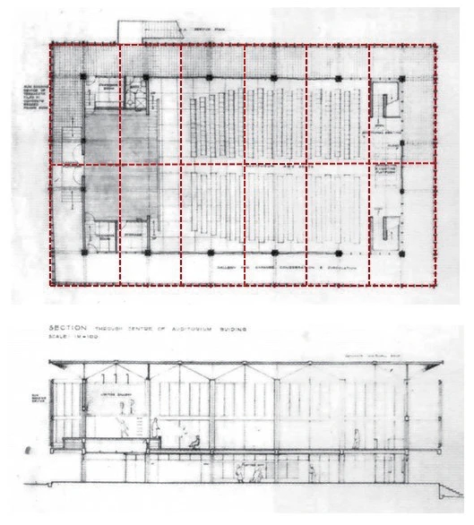 點擊觀看大圖-圖8 東海大學學生活動中心倒傘計畫案(1958)貳層平面圖、剖面圖,虛線為傘形結構屋頂投影線,筆者所加。(引自徐明松、黃瑋庭,2022) 圖8 東海大學學生活動中心倒傘計畫案(1958)貳層平面圖、剖面圖,虛線為傘形結構屋頂投影線,筆者所加。(引自徐明松、黃瑋庭,2022)-圖片