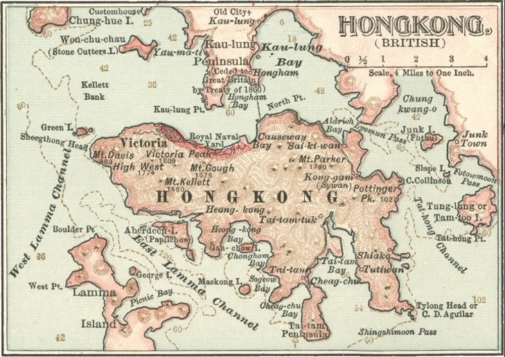 圖3 香港地圖（c.1900）。 圖片來源：Encyclopædia Britannica, 10th edition. https://www.britannica.com/event/handover-of-Hong-Kong#/media/1/2215641/51154-圖片