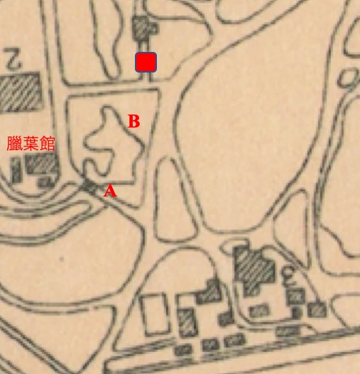 圖2-1  臺北植物園，1935年。筆者依據下記園圖製作：〈植物園全圖〉，收錄於臺灣總督府中央研究所林業部編，《臺北植物園》（臺北：臺灣總督府中央研究所林業部，1935），小冊子，無頁碼-圖片