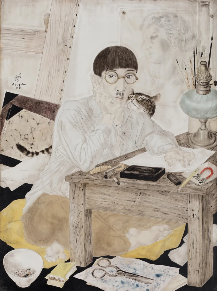 圖4 藤田嗣治（1886-1968），〈與貓的自畫像〉，油彩、畫布、鋼筆與墨水，1926，1927年藝術家捐贈，里昂美術館典藏（Collection of Musée des beaux-arts de Lyon）
© Fondation Foujita / ADAGP, Paris, 2025; image © MBA Lyon - Photo Martial Couderette.-圖片