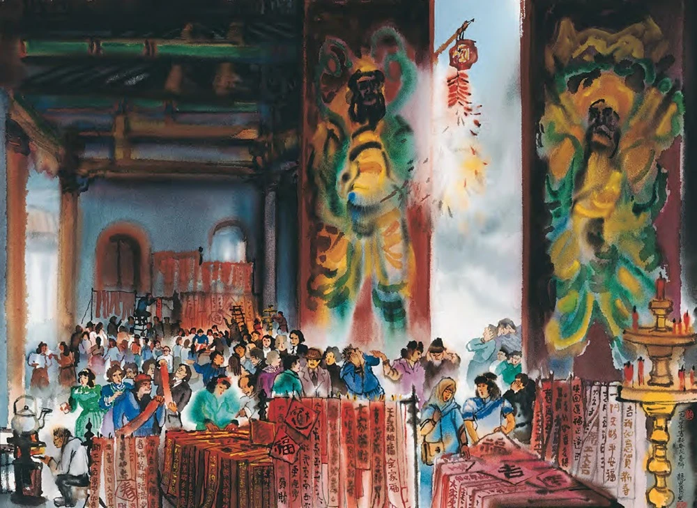 龍思良，《新春大吉》，1994，水彩、紙，76×105cm。©臺北市立美術館典藏-圖片
