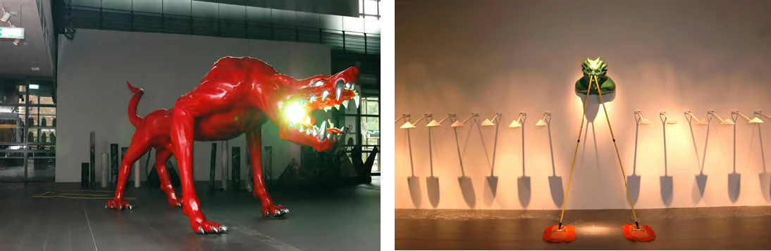 張乃文，《Outer》，2009，玻璃纖維烤漆、複金屬燈（綠光）、靜電拖把、鏟子、鹽巴等複合材料，裝置依場地尺寸變動（紅色動物尺寸為650×240×330cm）。©張乃文-圖片