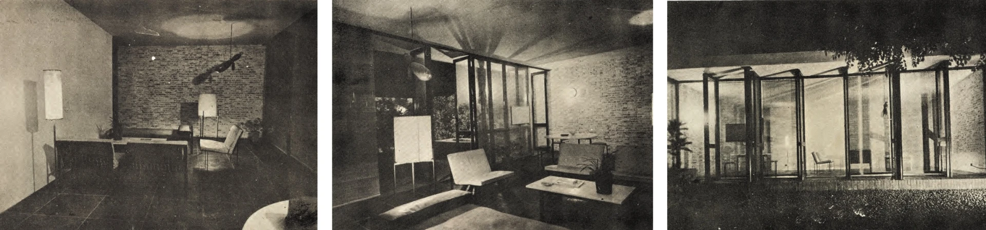 點擊觀看大圖-王大閎建國南路自宅,左:客廳,中:客廳與餐廳,右:庭院與客廳;圖片來源:《今日建築》,1954年10月第5期,頁20-21。 王大閎建國南路自宅,左:客廳,中:客廳與餐廳,右:庭院與客廳;圖片來源:《今日建築》,1954年10月第5期,頁20-21。-圖片