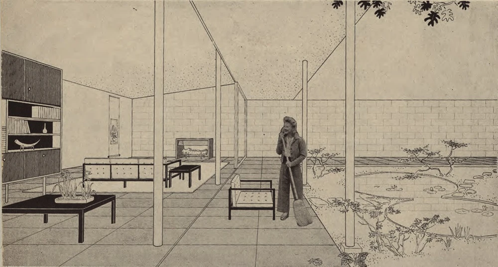 點擊觀看大圖-王大閎,《城市中庭住宅》設計圖,客廳、中庭,1945;圖片來源:王大閎建築研究與保存學會。 王大閎,《城市中庭住宅》設計圖,客廳、中庭,1945;圖片來源:王大閎建築研究與保存學會。-圖片