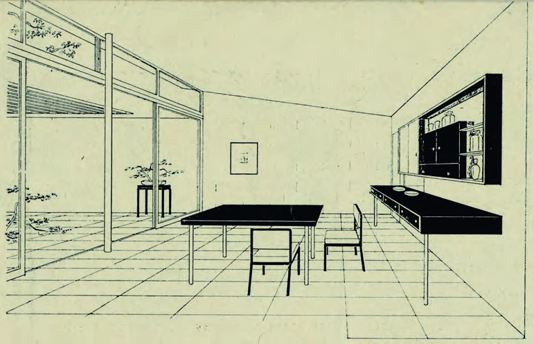 點擊觀看大圖-王大閎,《城市中庭住宅》設計圖,餐廳,1945;圖片來源:王大閎建築研究與保存學會。 王大閎,《城市中庭住宅》設計圖,餐廳,1945;圖片來源:王大閎建築研究與保存學會。-圖片