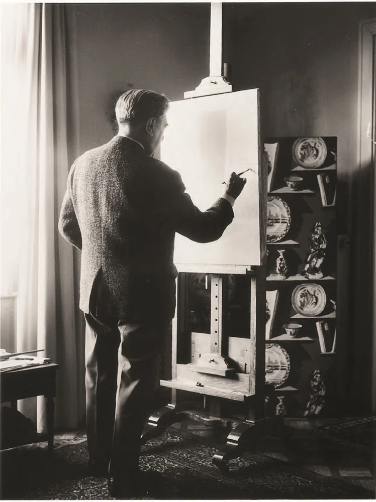 商克．肯德：正在創作《真理之井》（Le puits de verite）的賀內．馬格利特，米摩沙路，布魯塞爾，1962，私人收藏，Courtesy Brachot Gallery, Brussels。-圖片