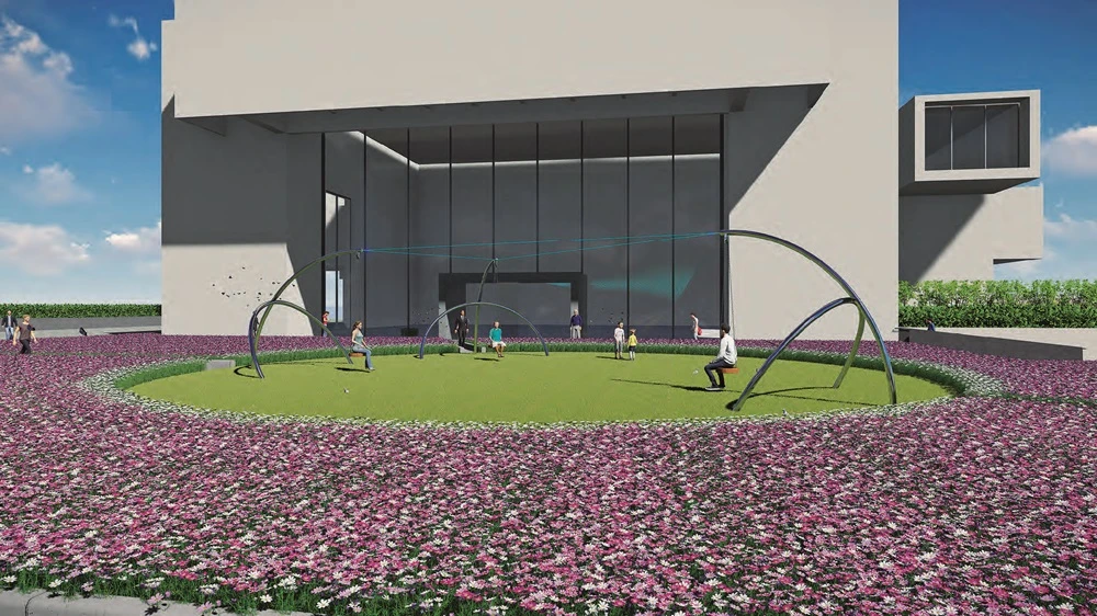 陳慧嶠，《預許之地》模擬圖，2018，裝置：波斯菊、不鏽鋼鞦韆、雷射光、LED燈，現地製作。©臺北市立美術館-圖片