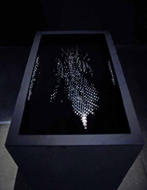 張永達，《Seen/Unseen N°0 [hyper.data ver.]》，2013，23吋LED顯示器、電腦、木作、低頻震動器、擴大器、水、黑色壓克力，每個顯示器34.4×75×56.4cm。©張永達-圖片