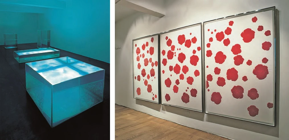 點擊觀看大圖-陳慧嶠「懷疑者的微笑」個展現場;左圖為《在我之中在我之外在空間的空間裡》,1997,玻璃、水、雲透明片、燈箱、鐵板、木料,425×1005×288cm;右圖為《空中的火焰》,1997,絨布(電繡),3 pieces,120×168×6.5cm each。 陳慧嶠「懷疑者的微笑」個展現場;左圖為《在我之中在我之外在空間的空間裡》,1997,玻璃、水、雲透明片、燈箱、鐵板、木料,425×1005×288cm;右圖為《空中的火焰》,1997,絨布(電繡),3 pieces,120×168×6.5cm each。-圖片