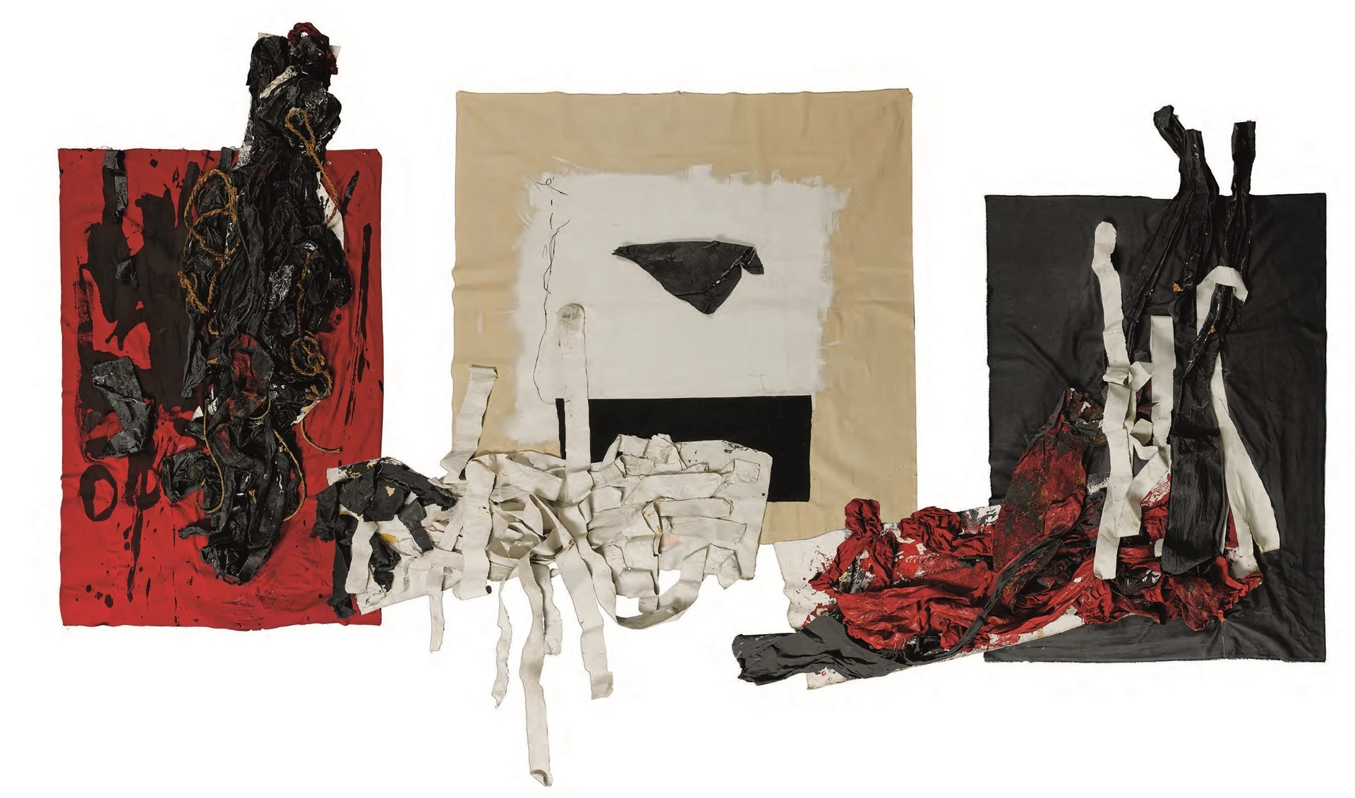 點擊觀看大圖-陳幸婉,《戰爭與和平No.1》,1995,棉布、壓克力彩、麻繩、畫布,237×440×28cm。©國立臺灣美術館典藏 陳幸婉,《戰爭與和平No.1》,1995,棉布、壓克力彩、麻繩、畫布,237×440×28cm。©國立臺灣美術館典藏-圖片