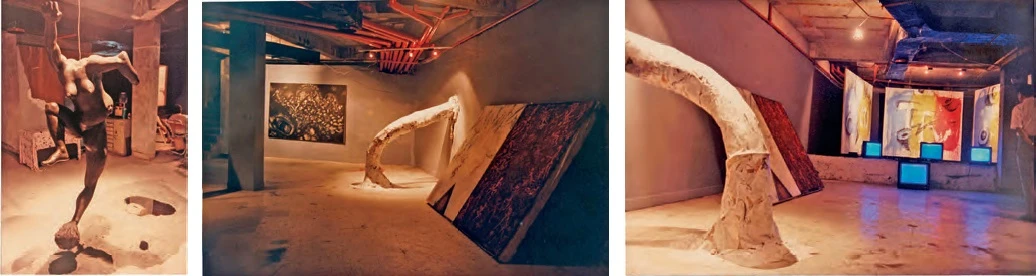 「息壤2」參展藝術家高重黎、陳介人、林鉅、王俊傑的作品現場一景（由左至右），1988。©王俊傑攝影提供-圖片