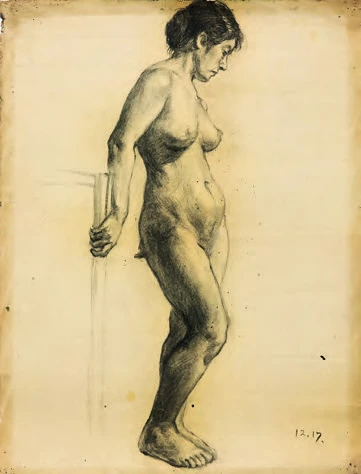 點擊觀看大圖-洪瑞麟,《裸女側像》,1930,碳筆、紙,63.2×48cm。 洪瑞麟,《裸女側像》,1930,碳筆、紙,63.2×48cm。-圖片