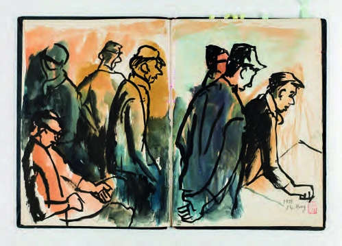 點擊觀看大圖-洪瑞麟,《懷山煤礦速寫》,1958,墨、淡彩、紙,27×40cm。 洪瑞麟,《懷山煤礦速寫》,1958,墨、淡彩、紙,27×40cm。-圖片