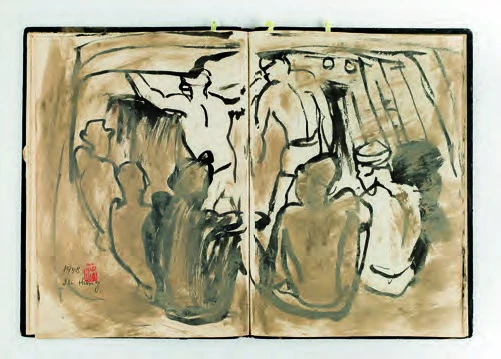 點擊觀看大圖-洪瑞麟,《懷山煤礦速寫》,1958,墨、煤灰、紙,27×40cm。 洪瑞麟,《懷山煤礦速寫》,1958,墨、煤灰、紙,27×40cm。-圖片
