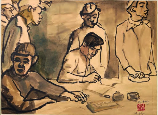 點擊觀看大圖-洪瑞麟,《入坑登記》,1955,墨、淡彩、紙,24×32.6cm。 洪瑞麟,《入坑登記》,1955,墨、淡彩、紙,24×32.6cm。-圖片