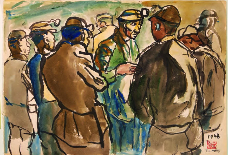 點擊觀看大圖-洪瑞麟,《入坑前的叮嚀》,1948,墨、淡彩、紙,25.3×36.2cm。 洪瑞麟,《入坑前的叮嚀》,1948,墨、淡彩、紙,25.3×36.2cm。-圖片