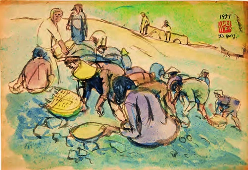 點擊觀看大圖-洪瑞麟,《河邊挑撿煤渣》,1951,墨、淡彩、紙,21×29.8cm。 洪瑞麟,《河邊挑撿煤渣》,1951,墨、淡彩、紙,21×29.8cm。-圖片