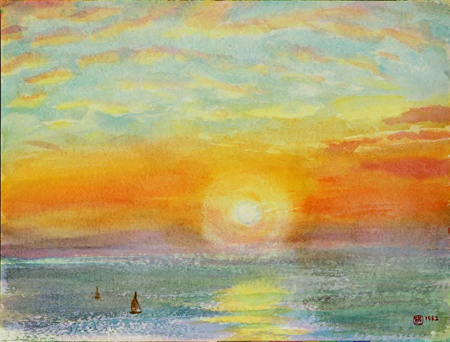 點擊觀看大圖-洪瑞麟,《夕日》,1982,水彩、紙,44.5×59cm,臺北市立美術館收藏。 洪瑞麟,《夕日》,1982,水彩、紙,44.5×59cm,臺北市立美術館收藏。-圖片