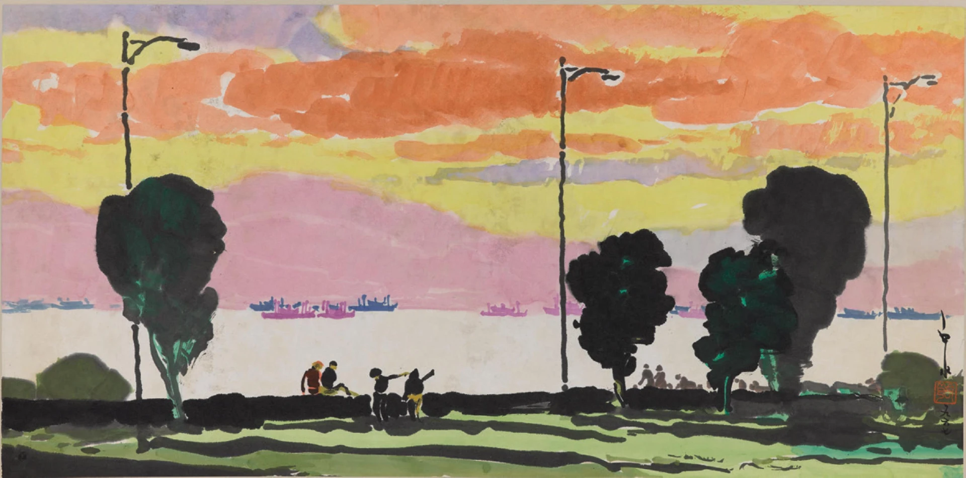 點擊觀看大圖-馬白水,《馬尼拉落日》,1967,彩墨、紙,國立臺灣美術館藏。 馬白水,《馬尼拉落日》,1967,彩墨、紙,國立臺灣美術館藏。-圖片