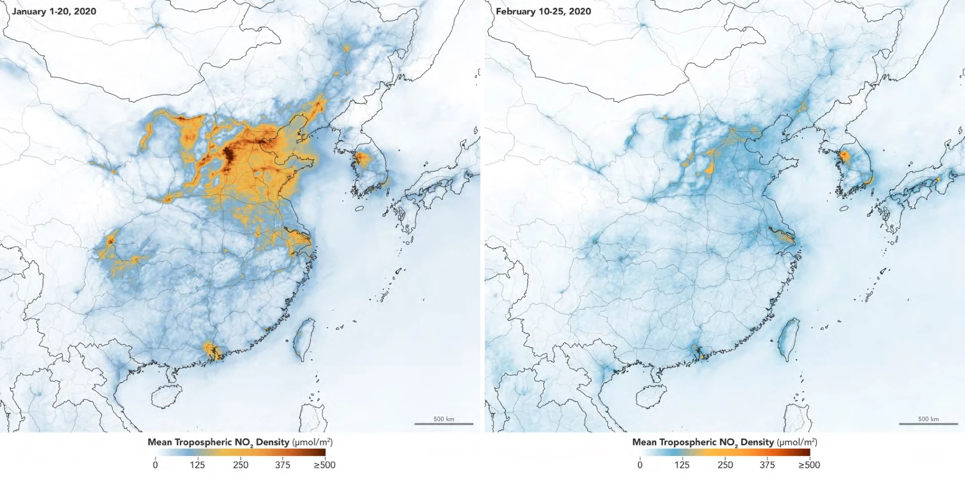 因肺炎造成經濟活動減緩，NASA與ESA的空污偵測衛星探測到區域性空氣污染（NO₂含量）顯著下降。©NASA, NASA's Earth Observatory；圖片出處：https://earthobservatory.nasa.gov/images/146362/airbornenitrogen-dioxide-plummetsover-china。-圖片