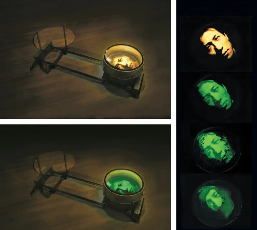 袁廣鳴，《嘶吼的理由》，1997，錄像裝置（月光粉、DVD 投影機、自動控制箱、投影機、低音喇叭、軌道），尺寸依場地而定。-圖片