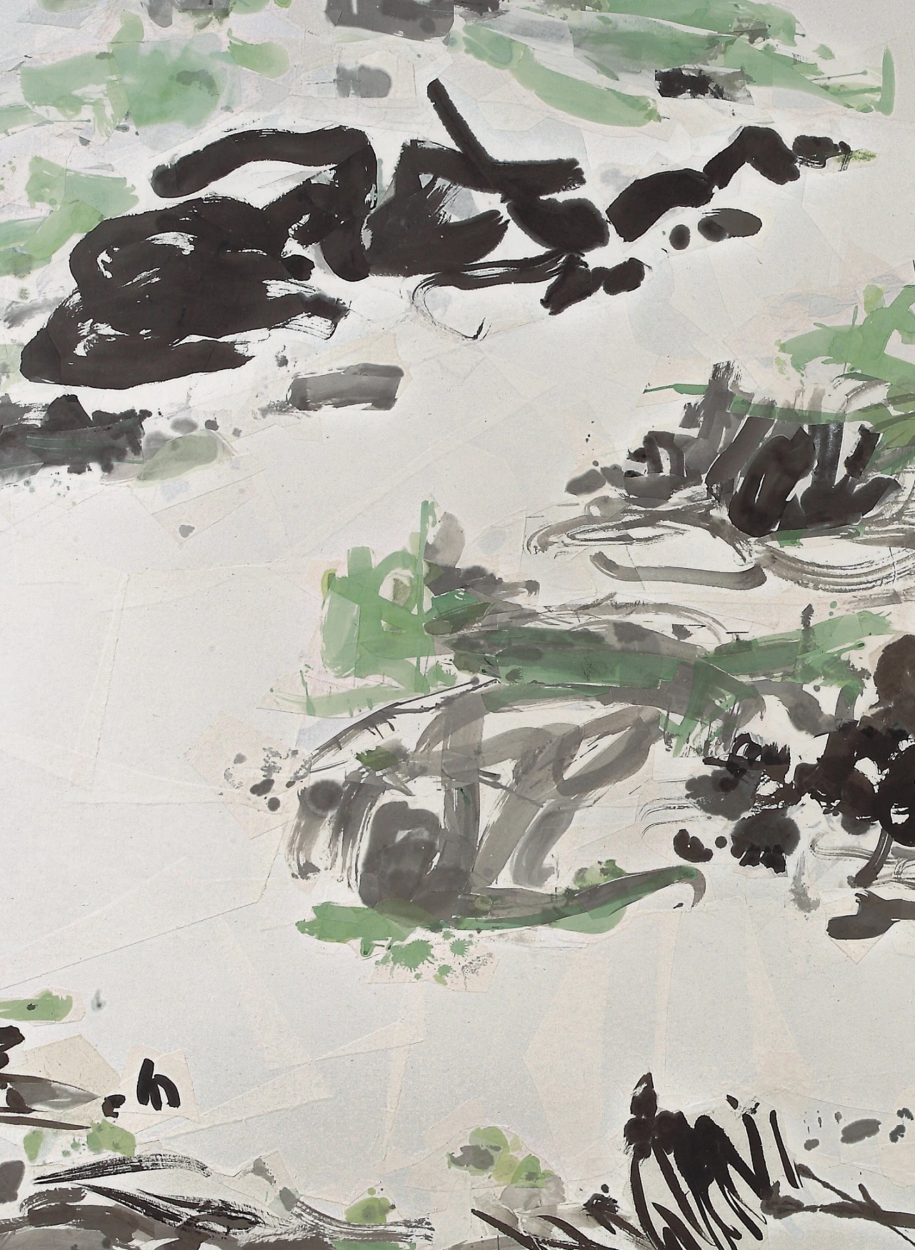 楊世芝，《大地生空間》（局部），2013，墨、天然礦物顏料、棉紙拼貼於麻布，200×300cm。-圖片