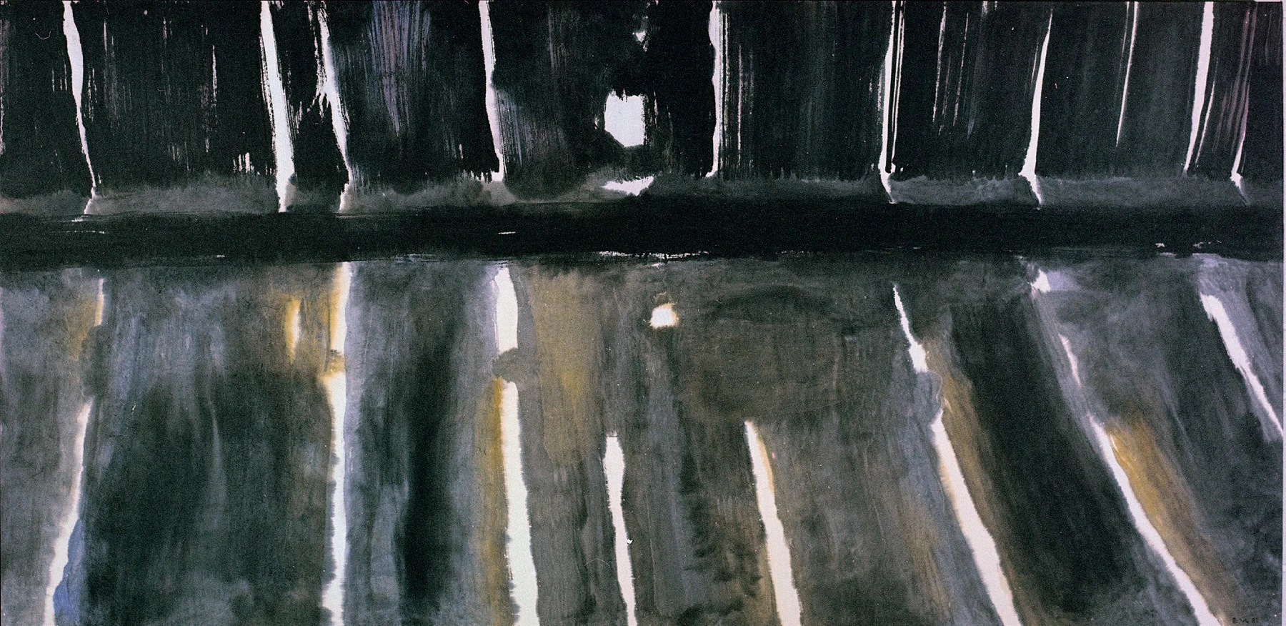 楊世芝，《木屋裡的白光》，1981，墨汁、 壓克力顏料於棉紙上，91×83cm。-圖片