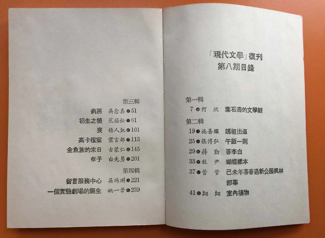 《現代文學》雜誌復刊第八期目錄頁；吳瑪悧，〈留言服務中心〉，《現代文學》復刊第八期，1979.8，頁221−238 ©吳瑪悧提供-圖片