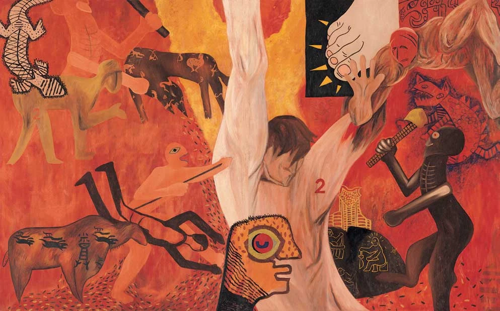 楊茂林，《鯀被殺的現場(Ⅱ)》，1986，油彩、畫布，162×260cm，台北市立美術館收藏；作品參展北美館「時代與創新——現代美術展」，1988.12 ©台北市立美術館-圖片