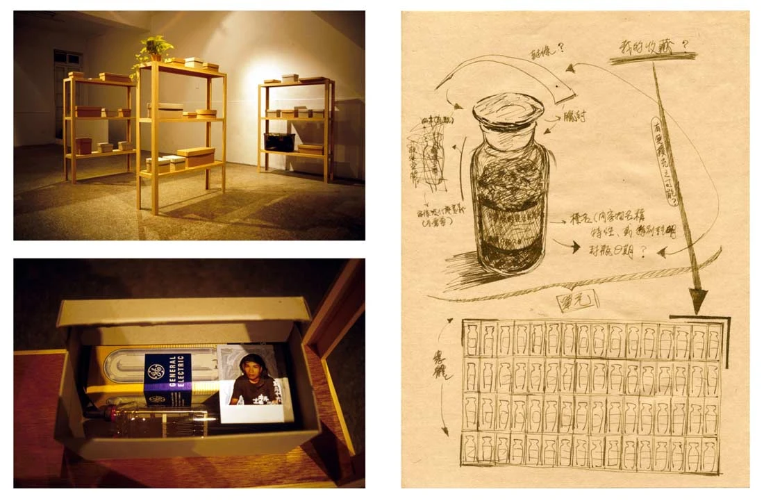 左圖：《禮物》，1999，裝置，新樂園「國家氧作品發表II」展出現場；右圖：《我的收藏》草圖-圖片