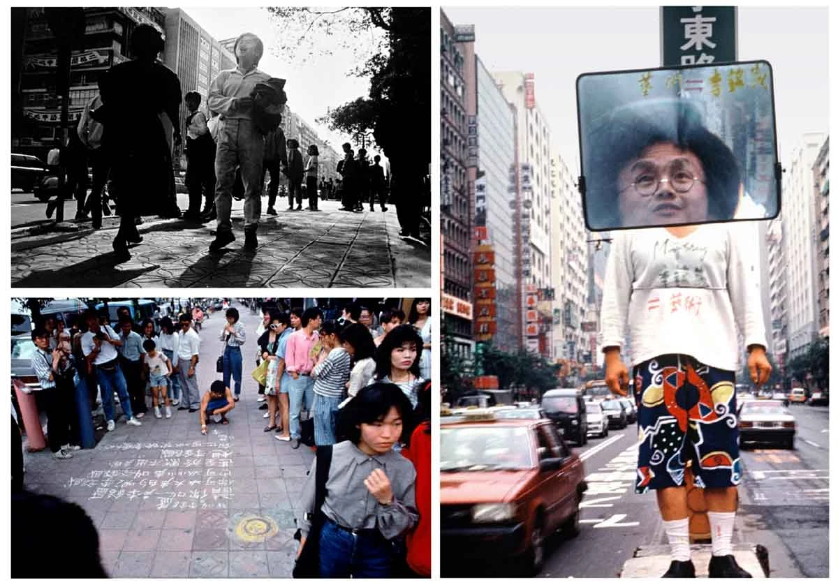 李銘盛，《李銘盛＝藝術》第一至三部分，於台北市忠孝東路、敦化南路交叉路口、台北市立美術館演出，1988；連慧玲攝影、蕭嘉慶攝影、林國彰攝影，李銘盛提供-圖片