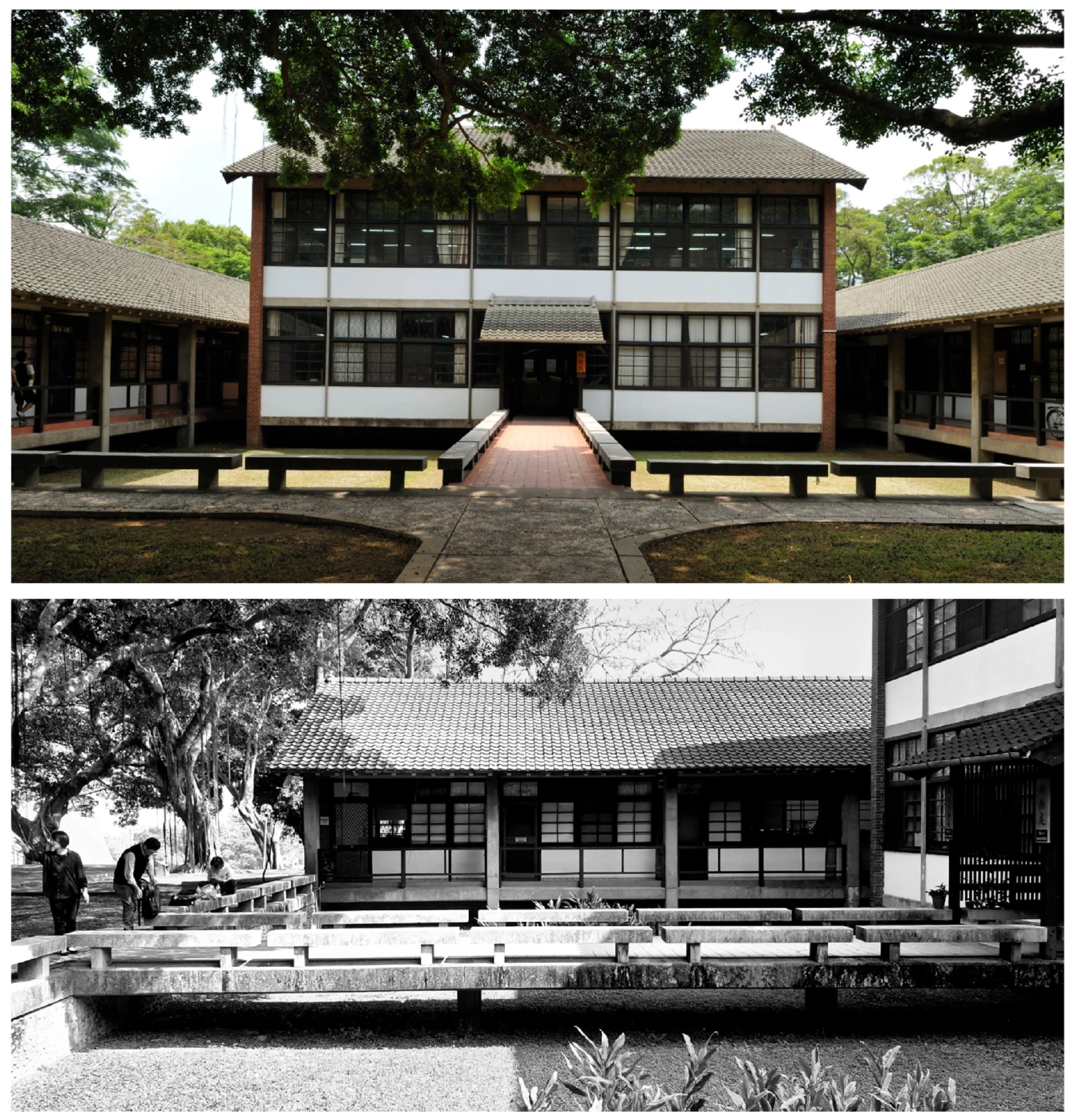 東海大學舊圖書館正面與側面（今為行政大樓）；徐明松攝影依據最新考據，前棟（1958，第一期）為張肇康設計，後棟由陳其寬擴建（1970，第二期）-圖片