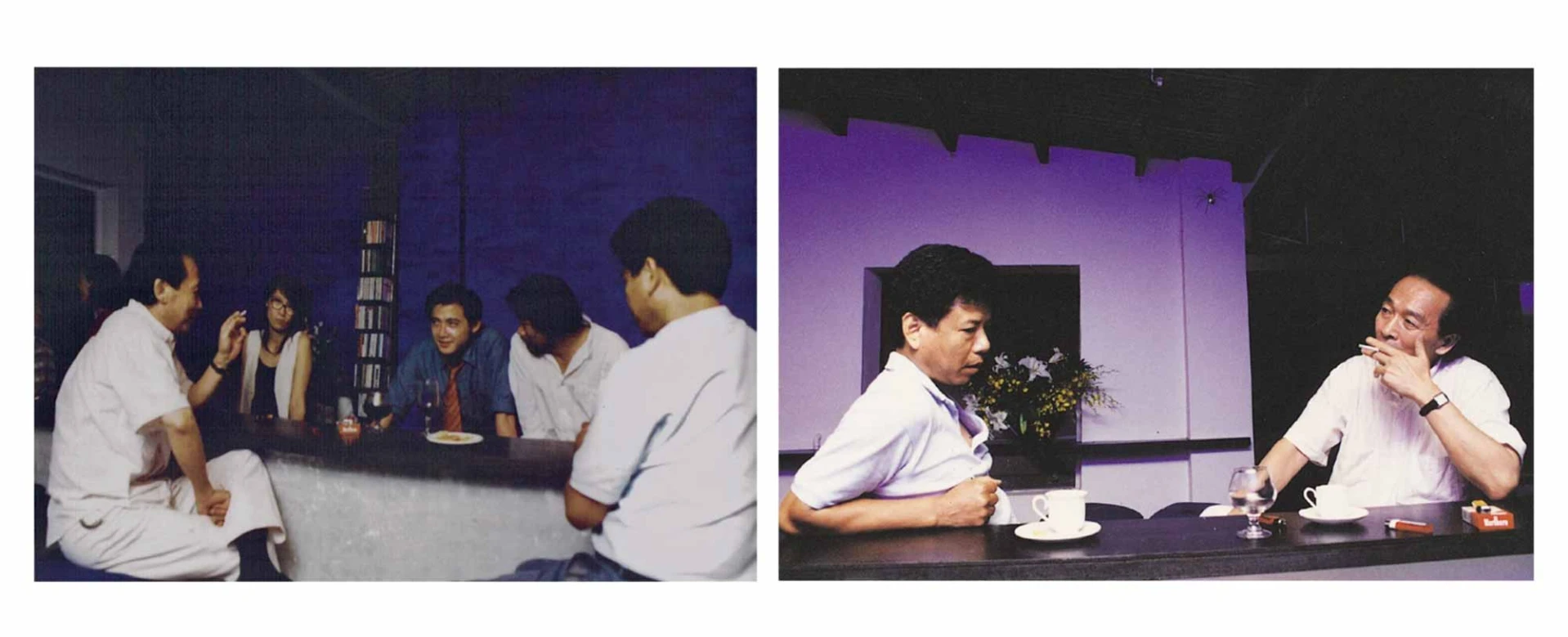 左起林壽宇、陳慧嶠、林明弘、莊普、陳世明攝於伊通吧台；左起陳世明、林壽宇攝於伊通吧台，1995；伊通公園提供-圖片