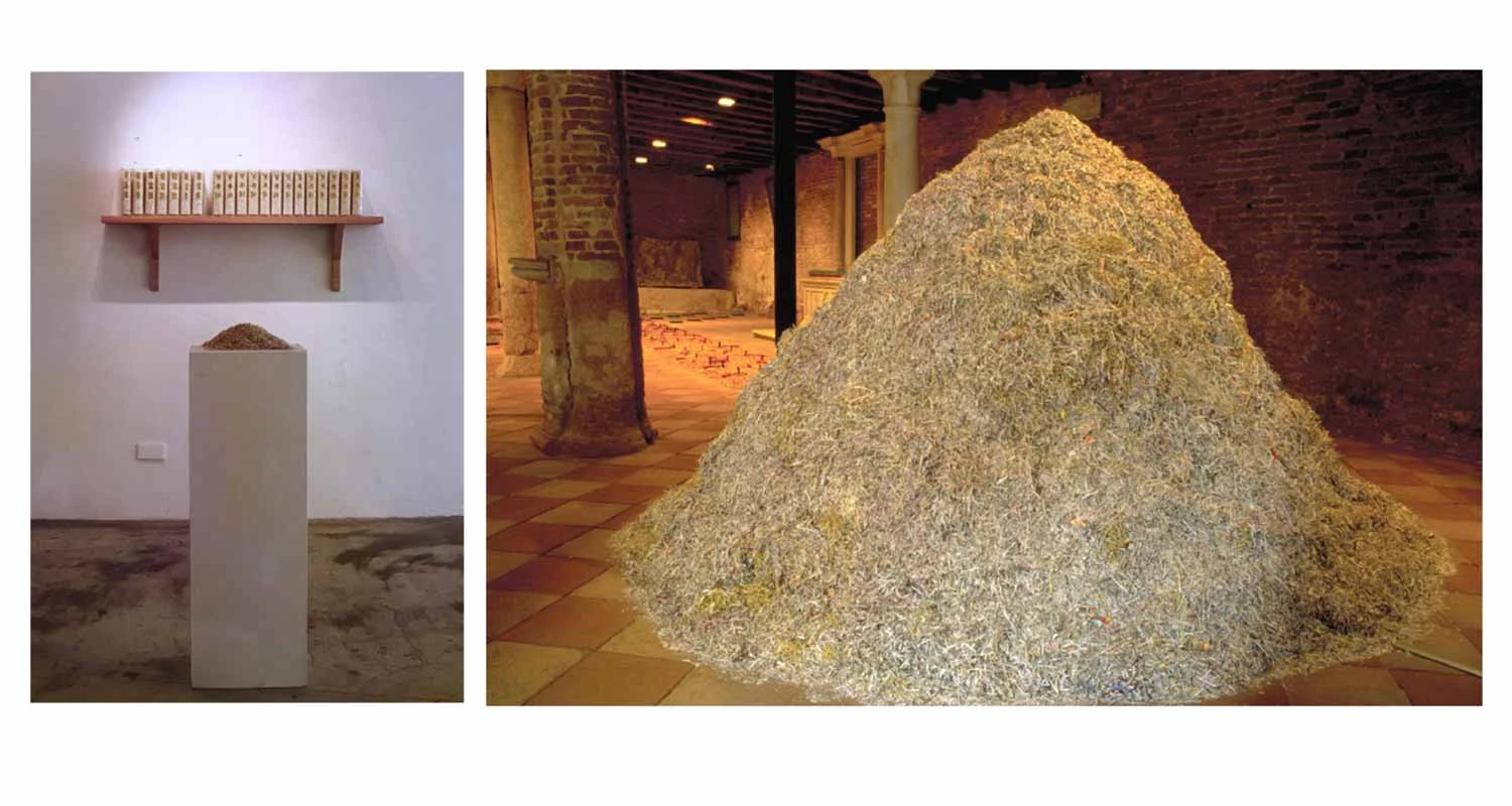 《文學的零點》在不同的空間場域展出，表現形式歷經蛻變；左圖為伊通公園「咬文絞字」個展展場一隅，1993；右圖為威尼斯雙年展會外展「裂合與聚生」聯展展場一隅，1997 ©吳瑪悧提供-圖片